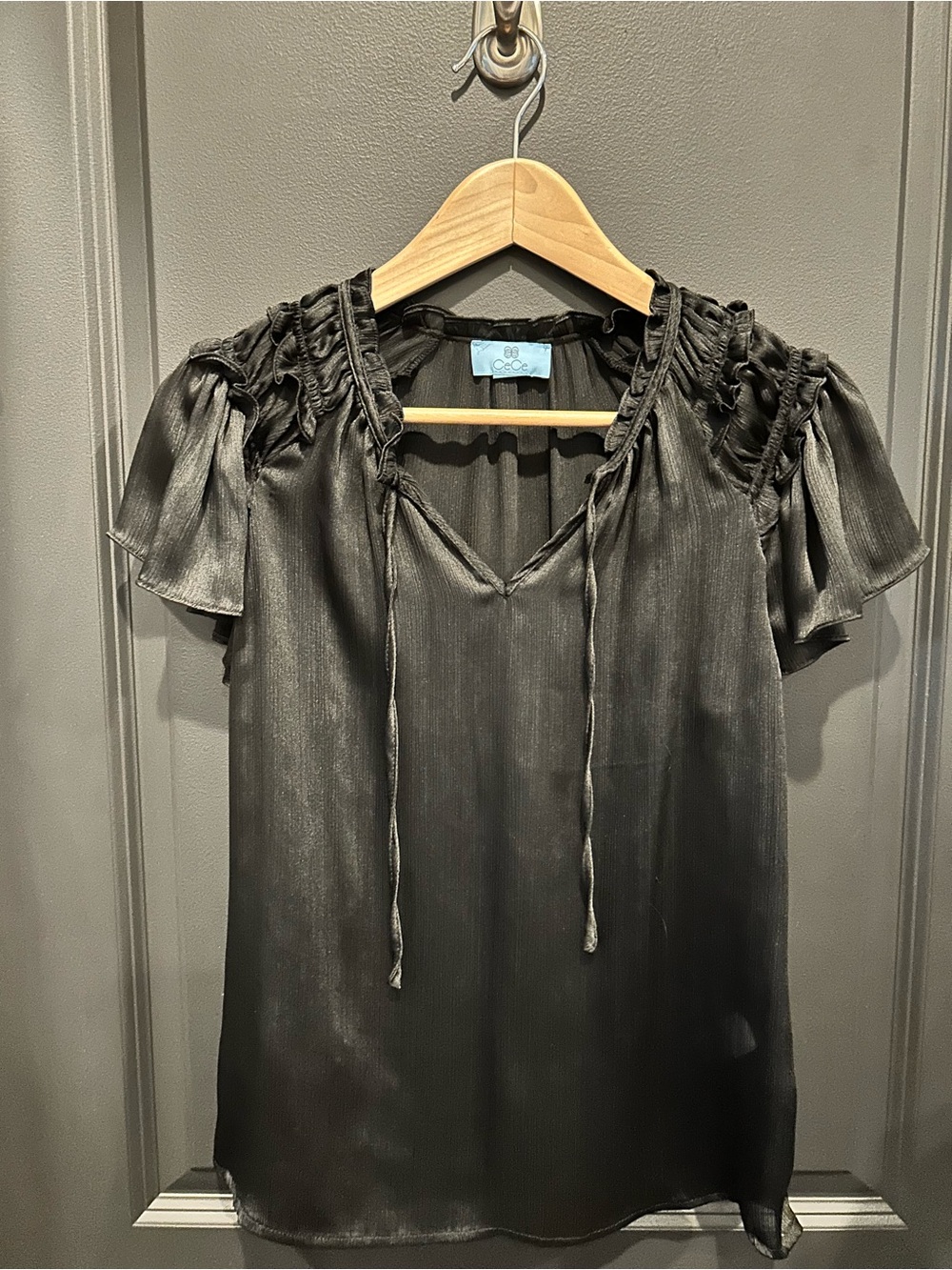 CeCe Black Satin V-Neck Flutter Sleeve Blouse with Tie Detail NEW